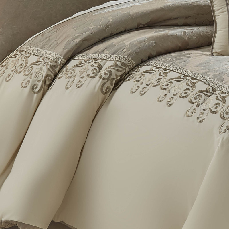 Hillcrest Ivory and Gold Queen Comforter Set with Embroidered Details