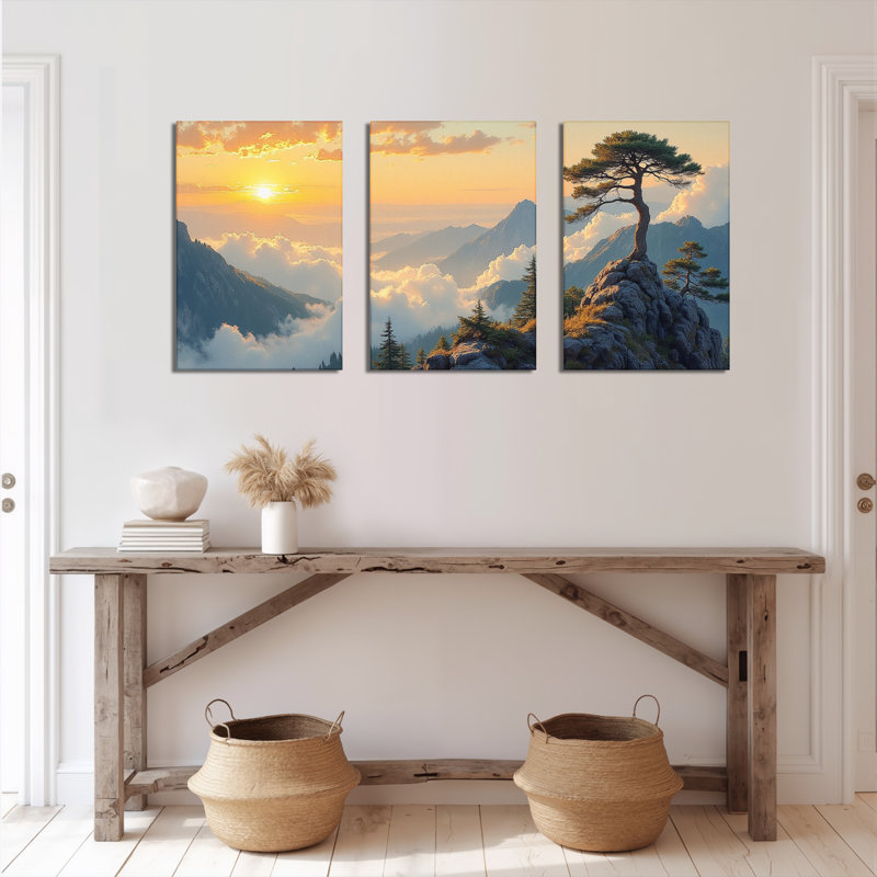 «Mountain Sunset Landscape», reproduction d'art sur toile tendue sur toile (ensemble de 3), H 30 po x l 60 po