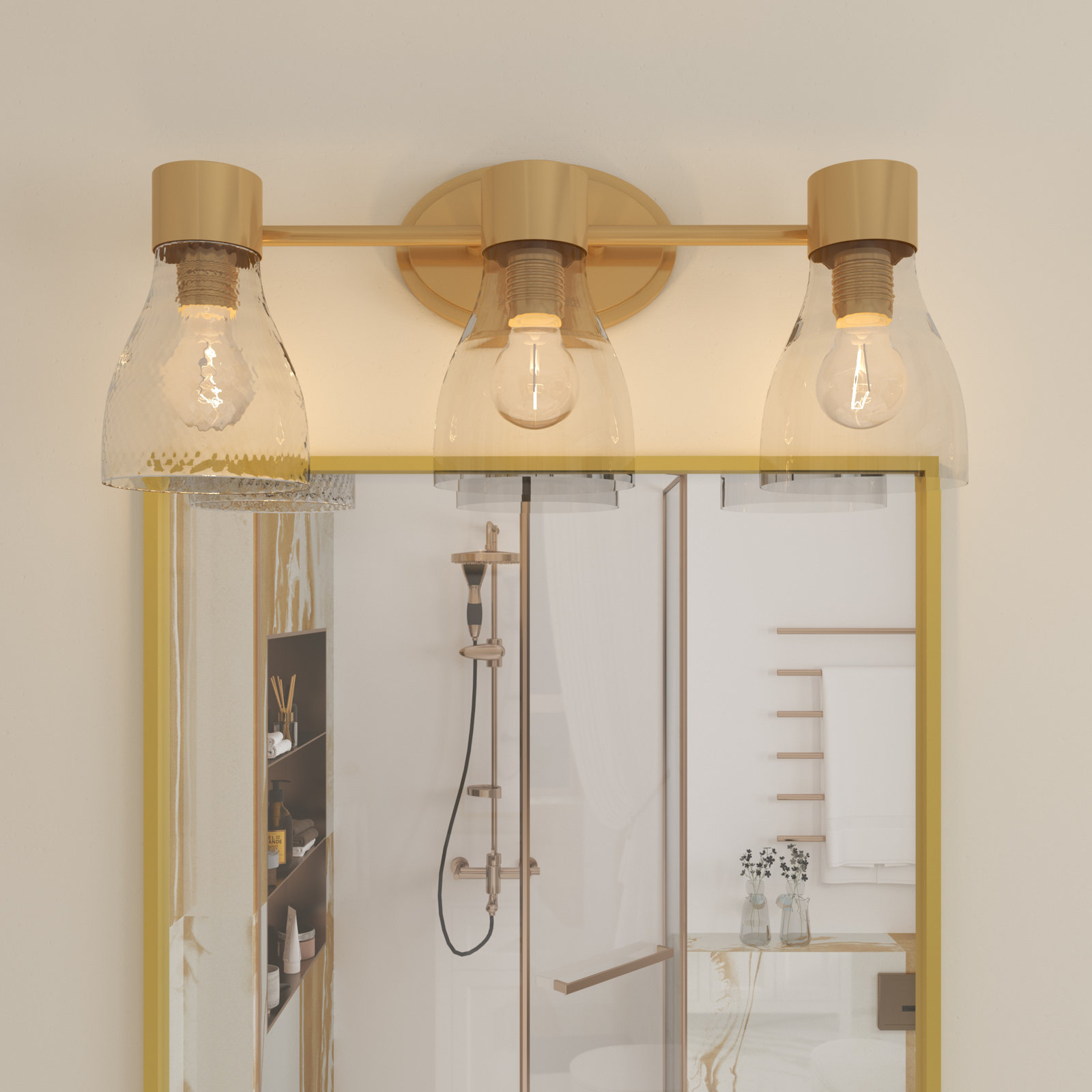 3-Light Brushed Brass Vanity Light with Clear Glass Shades, Brushed Brass, 3
