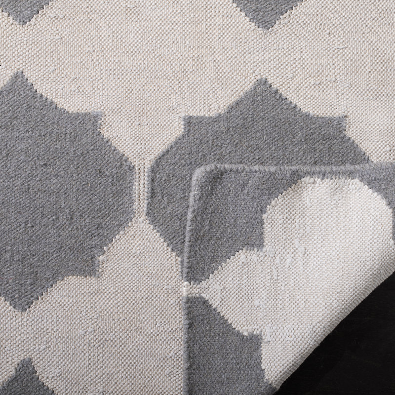 Dhurries Hand Woven Flat Weave Banana Silk/Wool/Cotton Geometric Rug in Grey/Ivory, Rectangle 3' x 5'