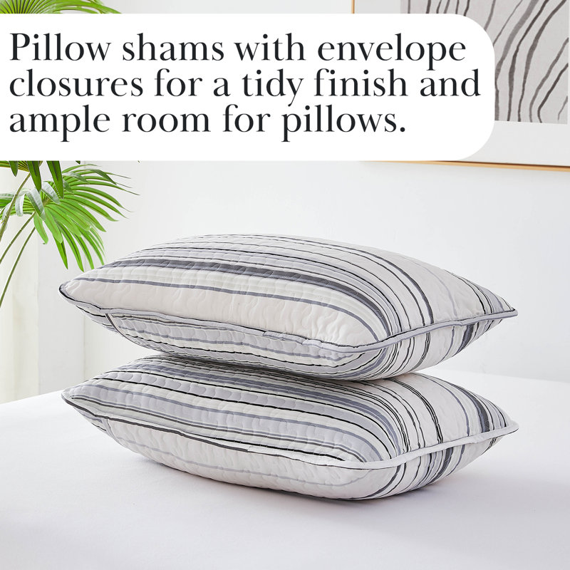 Coastal Stripes Collection Reversible Quilt Set, Gray, Twin Quilt + 1 Standard Sham
