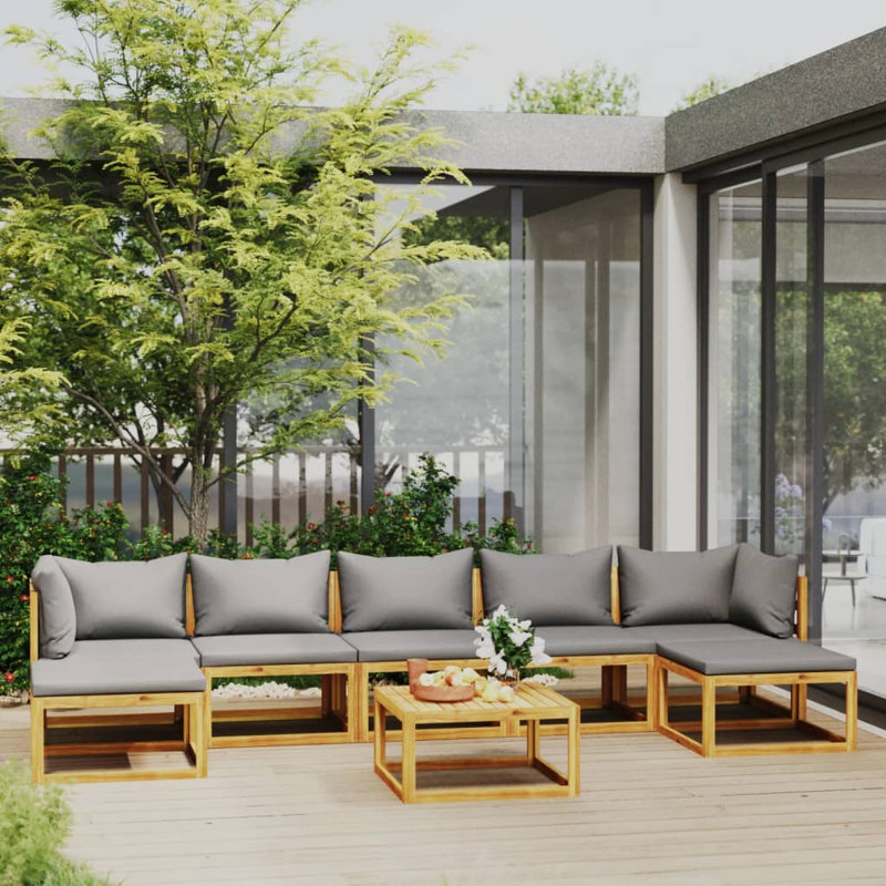 Chaise longue 9 pièces avec coussins, Gris foncé, 4x coin + milieu + table