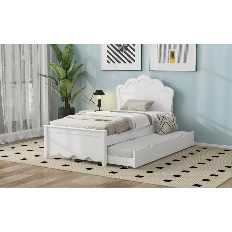Lit plateforme simple en bois avec tête de lit et lit gigogne simple, blanc, Lit simple