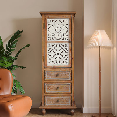 Rustic Wooden Storage Cabinet Cutout Door 3 Drawers Sturdy Construction