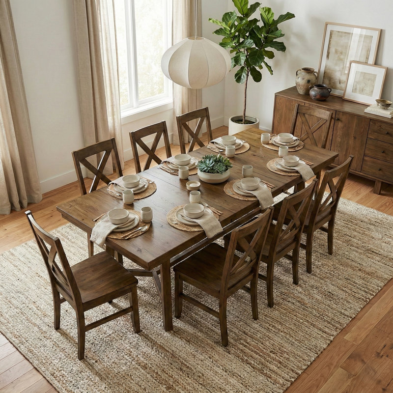 Oaklyn Modern Extendable Rectangular Dining Table Set, 9 Pieces: Table, 8 Chairs, Brown