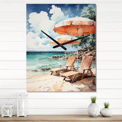Vintage Beach Chairs Scenery II - Horloge murale rétro nautique et plage