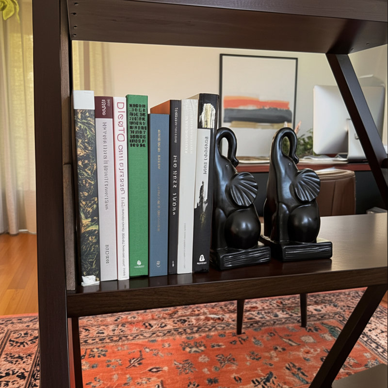 Ceramic Elephant Bookends Contemporary 8" Decorative Bookends for Book Storage, Black
