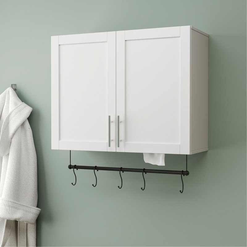 White Over Toilet Bathroom Wall Cabinet - Adjustable Shelf, Towel Bar, 5 Hooks, 15mm Particle Board 3mm , 30.64*11.6*30.01in Cabinet, White, Board, Bathroom, Kitchen, Decor