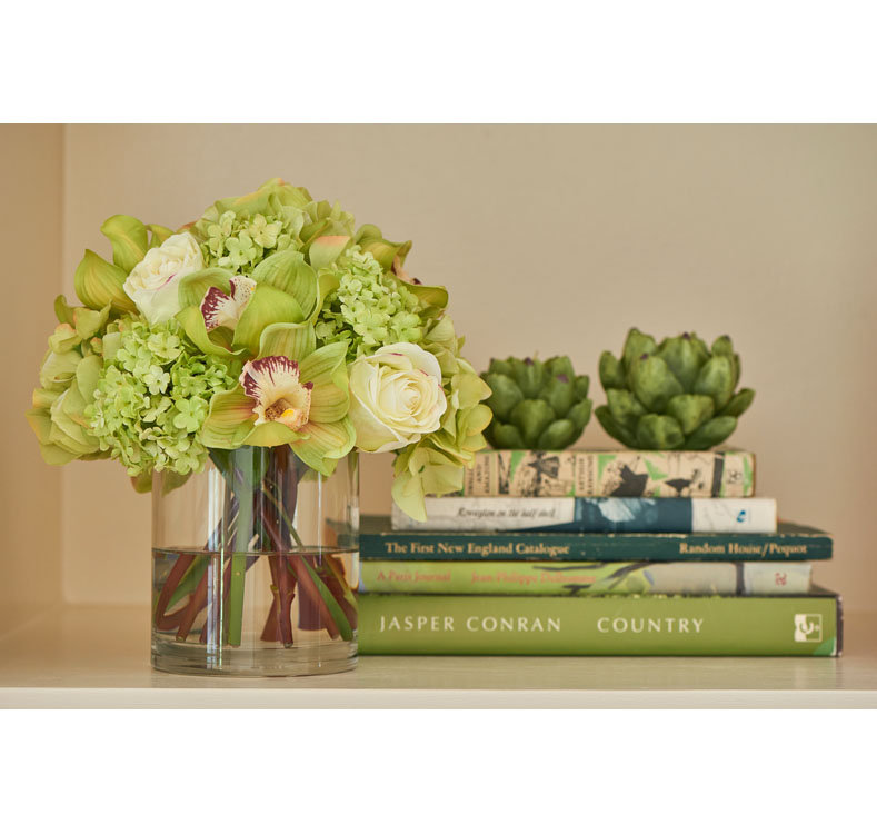 Hydrangea and Orchid Bouquet in Glass Cylinder Vase