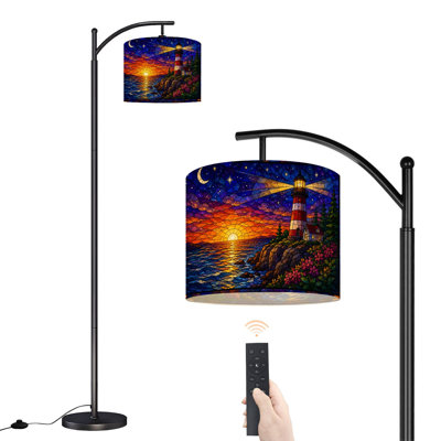  Arc Floor Lamp Stained Glass Print Style Lighthouse Sunset Ocean View Tall Modern Standing Lamp LED Adjustable Linen Lampshade 3 Color Temperatures
