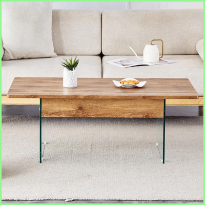 Table basse moderne à plateau relevable d'aspect bois clair Pieds en verre trempé, peu encombrants Facile à nettoyer pour le salon