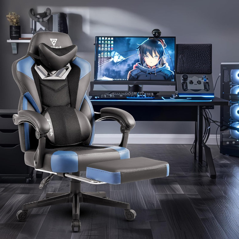 Chaise de bureau avec appui-tête réglable et support lombaire, inclinaison 90-155 et rotation 360 °., Bleu / Noir