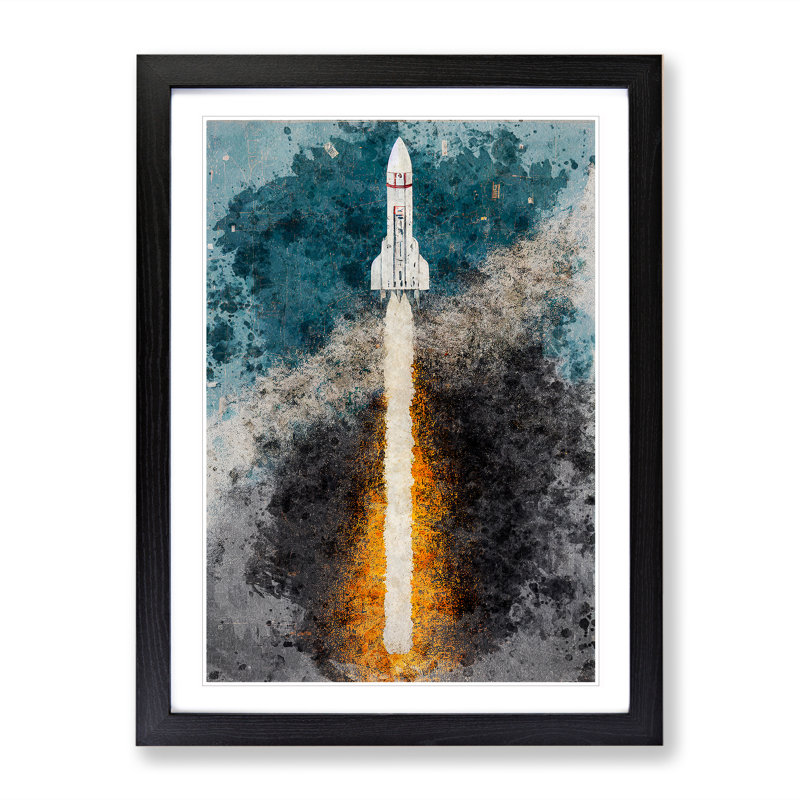 Watercolour Spaceship Rocket No.2 1 Piece Single Picture Frame Painting, 34cm H x 25cm W x 2cm D, Black