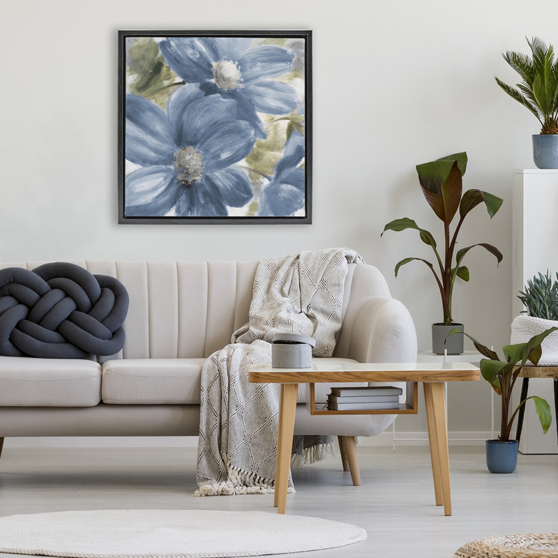 Cadre flottant avec fleurs bleues Walk In Beauty, design par Lanie Loreth, H 25 po x l 25 po, Cadre flottant noir de jais