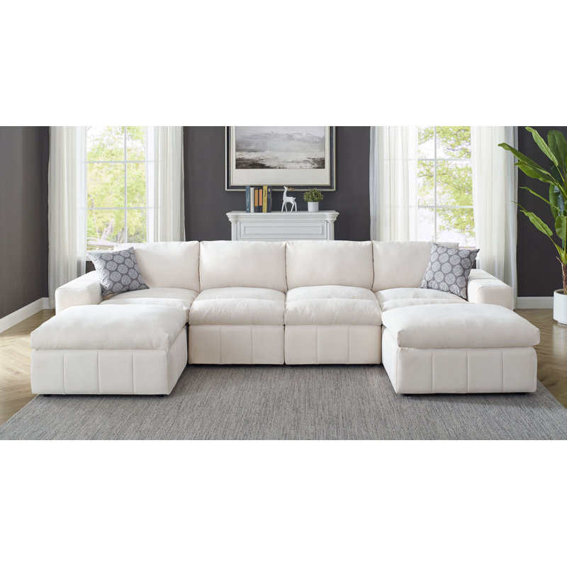 Canapé modulaire réversible avec repose-pieds Enyart, Polyester ivoire