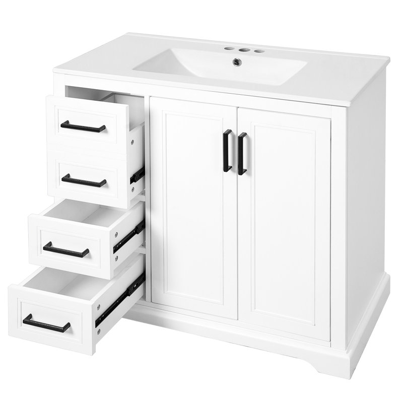 Meuble-lavabo blanc contemporain de 36 pouces avec lavabo en céramique, 3 tiroirs, espace sous le lavabo et compartiment de fermeture en douceur