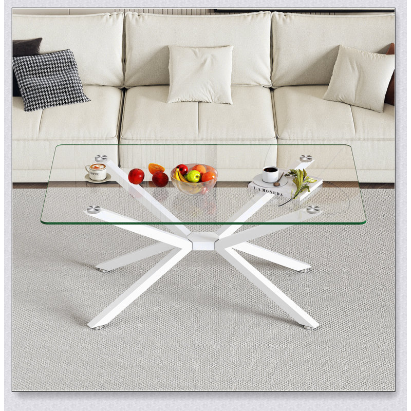 39.37 Inch Rectangle Clear Glass Coffee Table, Stylish Design With White Metal Legs For Modern Living Rooms, White