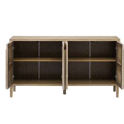 4-Door Sideboard In 59.8" U-Style, Solid Ash Veneer, Hidden Handles, For Living Room Furniture And Organization - Natural Grain Pattern, Central Pine Leg Support, Easy Assembly Steps Hallway Storage