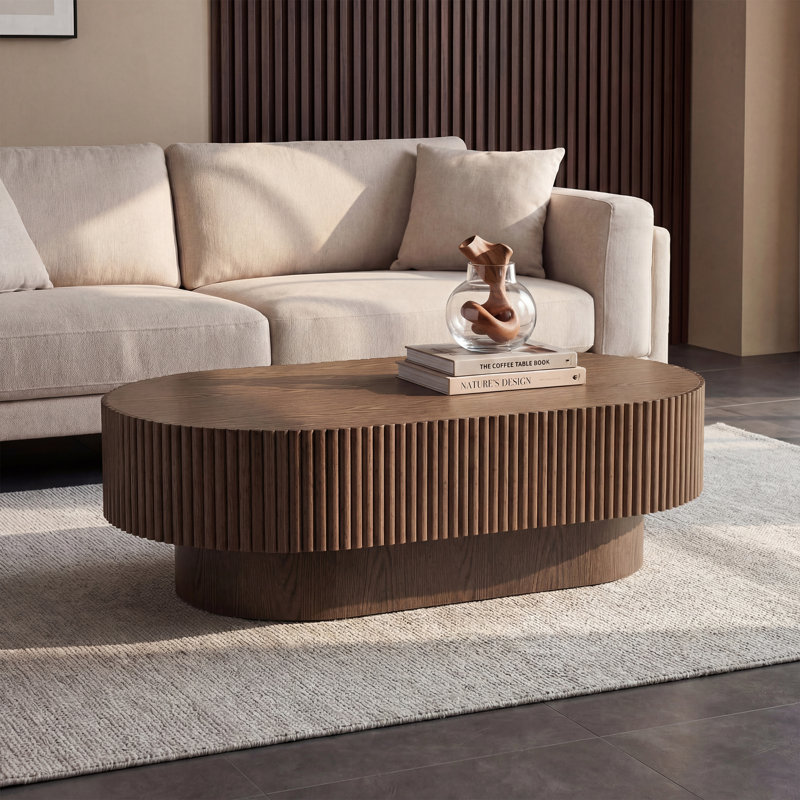 43.7'' W Solid Wood Oval Coffee Table with Fluted Design, Brown