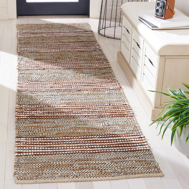 Gereldine Vintage Leather Hand Woven Leather/Jute Striped Rug in Beige/Natural, Runner 2'3" x 9'