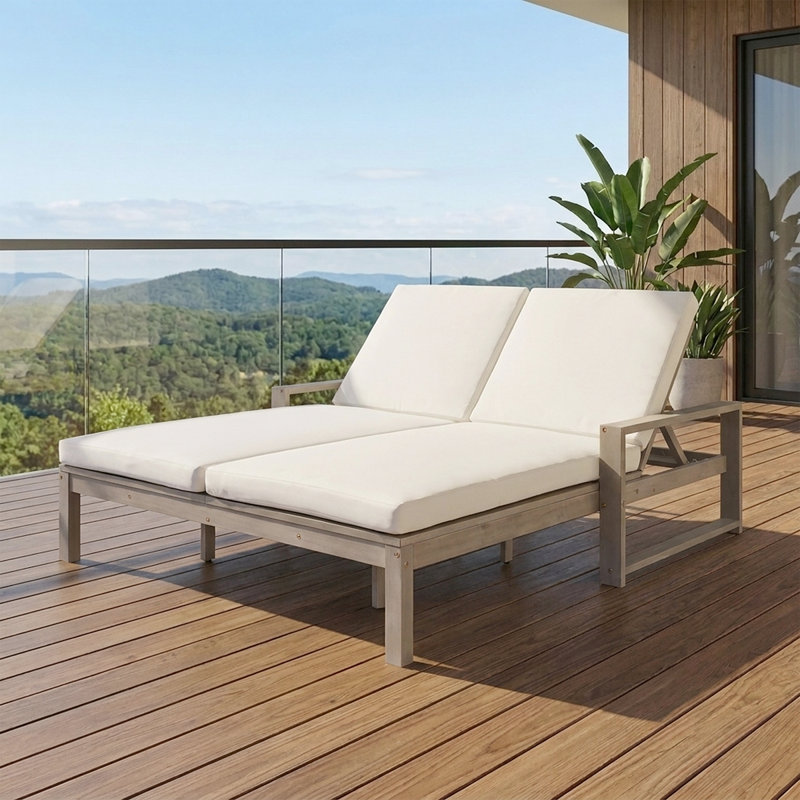 Méridienne double réglable pour l'extérieur avec coussins - Méridienne de patio en bois massif pour la piscine, le jardin ou le balcon