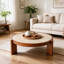 33.46 Inch Round Coffee Table with Silver Mirrored Top Solid Wood Frame Cylindrical Legs Mid Century Retro Honey Oak Cocktail Table for Living Room-736762000