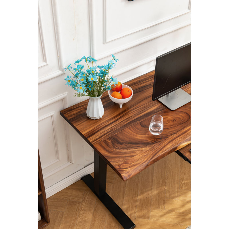  Adjustable Standing Desk with South American Walnut, Live Edge Desk with Keyboard Tray, 29.5" H x 46" W x 24" D, Black