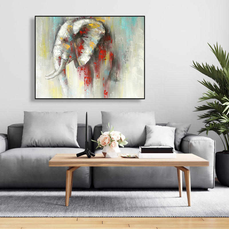«Abstract Paint Splash Elephant», toile encadrée rouge contemporaine