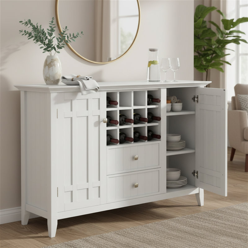 Buffet transitionnel en bois massif à 3 portes avec porte-bouteilles et tablettes réglables Bedford, Blanc