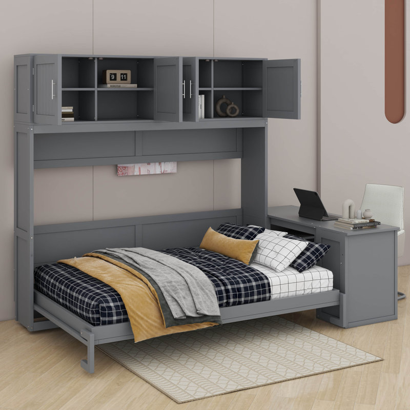 Grand lit escamotable avec bureau, tablettes et armoires