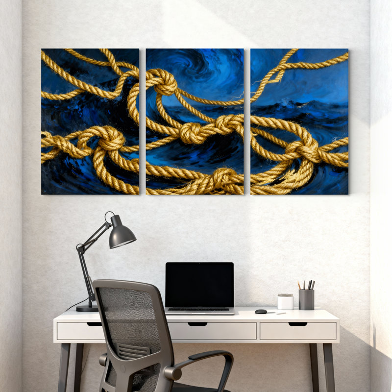 «Golden Rope Knots On Blue Ocean Waves», ensemble de 3 impressions sur toile, H 24 po x l 48 po