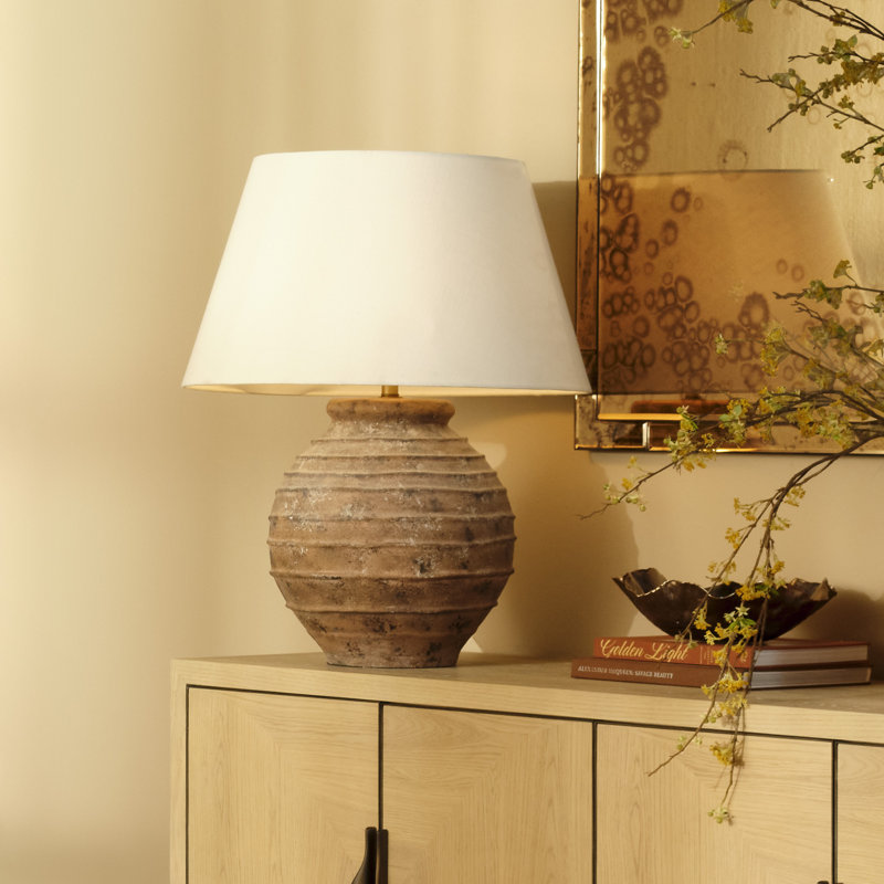 Lampe de table en terre cuite couleur cendre avec abat-jour en lin, brun rouille