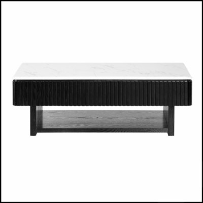 Table basse rectangulaire relevable de 118 cm avec tiroir et rangement dissimulé, design moderne cannelé et plateau effet marbre pour petits espaces