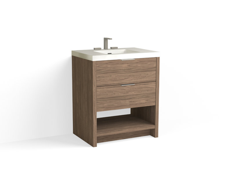 Vue 30" W Freestanding Single Bathroom Vanity, Glossy White/8" Widespread, Nocino, Satin Nickel