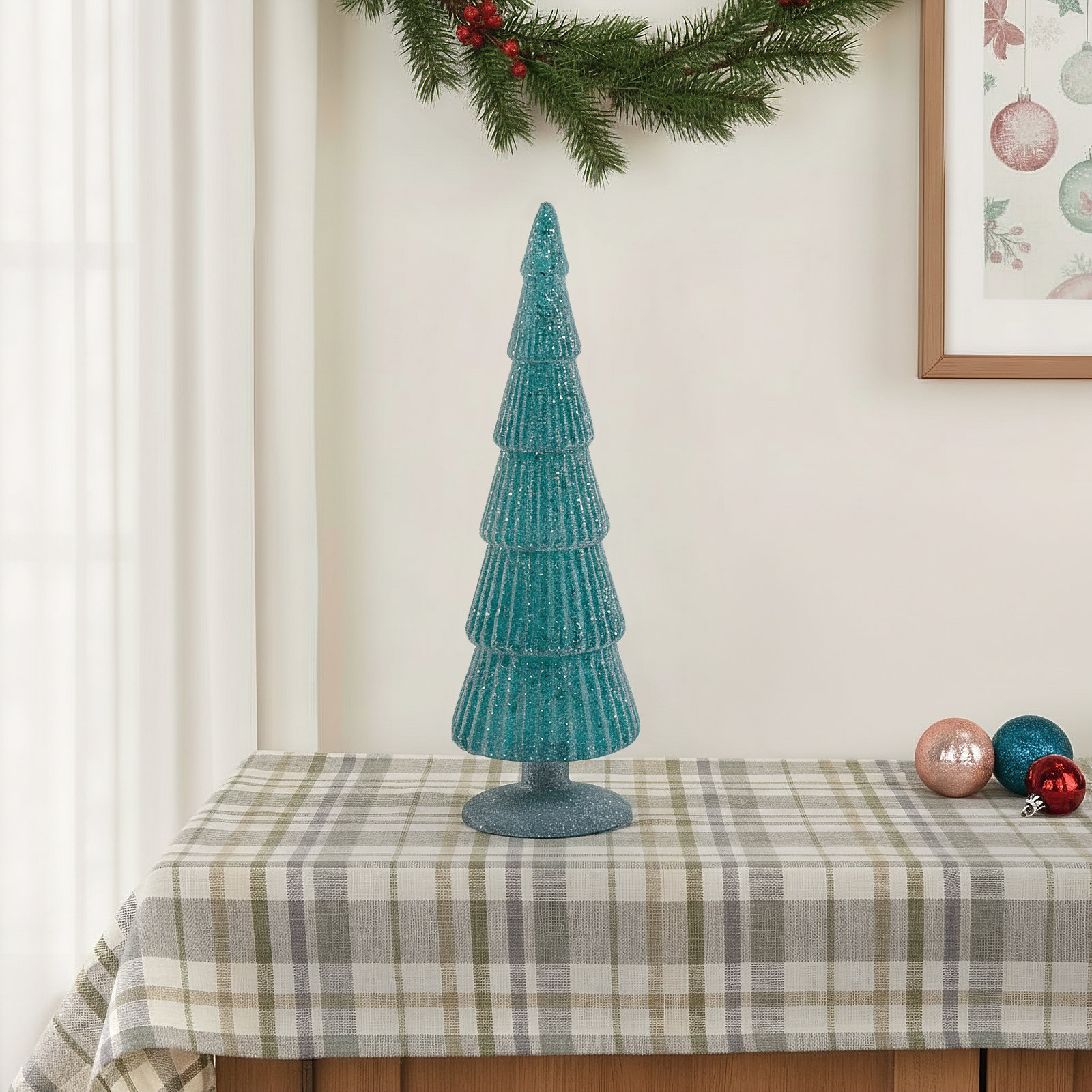 Amaryllis Glass Tree on Glitter Base, Blue/Silver, 13.5" H x 3.5" W x 3.5" D