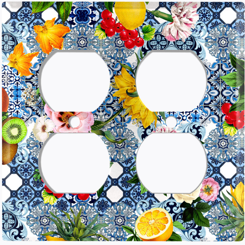Metal Light Switch Plate Outlet Cover (Elegant Blue Teal Fruit Flowers Tile  - Double Duplex)