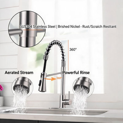 Robinet d'évier de cuisine commercial en acier inoxydable de 19 pouces avec pulvérisateur rétractable en nickel brossé