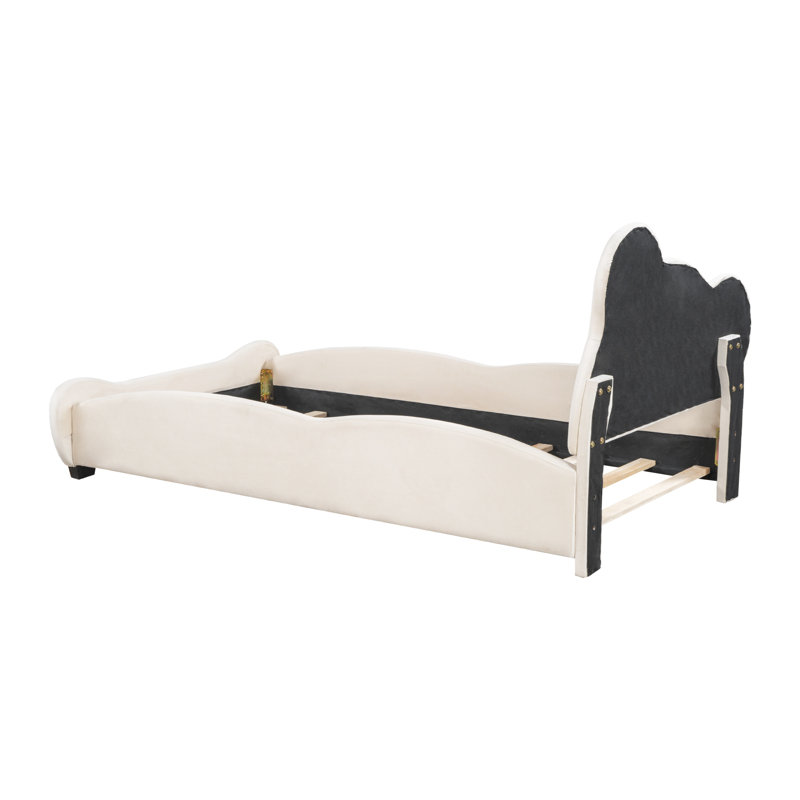 Lit plateforme en velours avec tête de lit en forme d'ours et poche de rangement à l'extrémité du lit, Simple, Beige