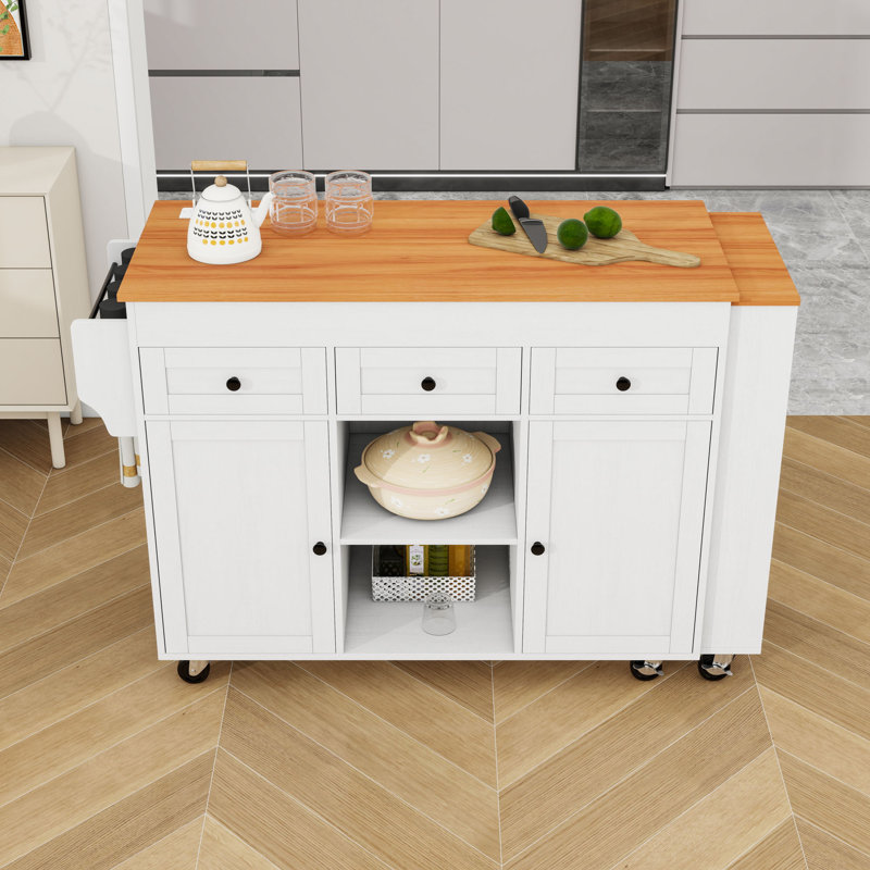 Rolling Kitchen Island with Power Outlet, 3 Drawers, 2 Doors and Shelves, White