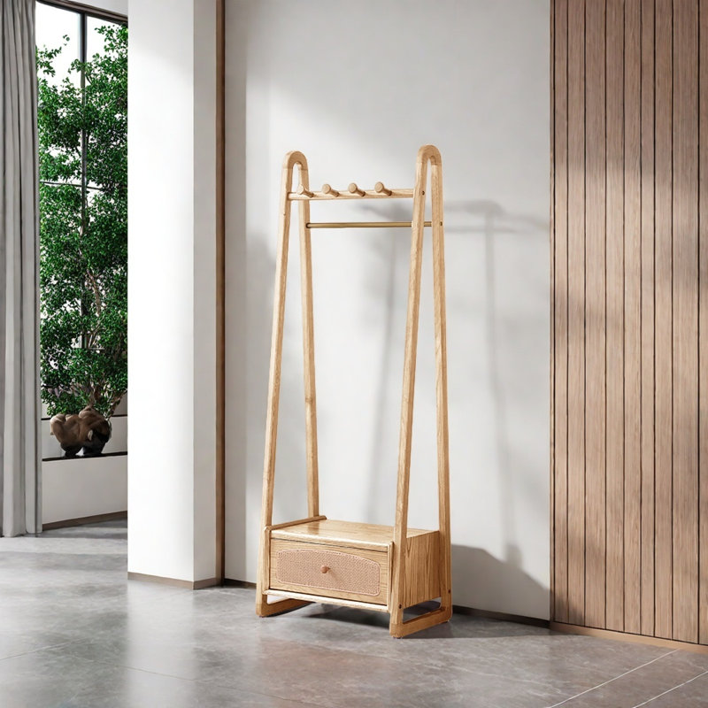 Ash Wood Coat Rack with Storage, Burlywood