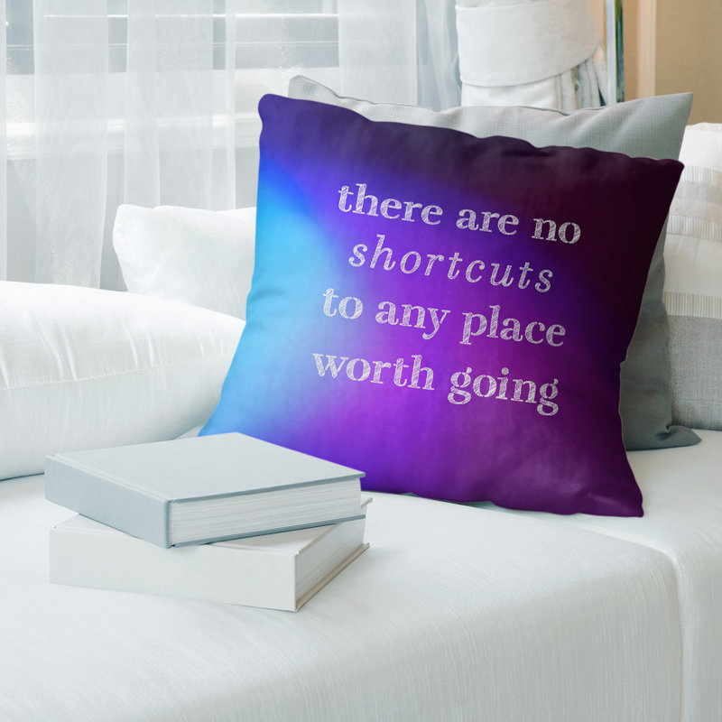 Housse de coussin en lin à l’écriture "no shortcuts", 26 po x 26 po, Beige / bleu