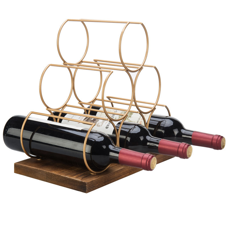 6 Bottle Metal/ Solid Wood Tabletop Wine Bottle Rack in Brass 