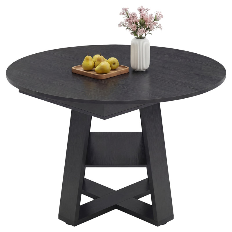 Table de salle à manger ronde extensible peu encombrante avec rangement caché et base en croix, table ronde extensible pour 4 à 6 personnes, table de cuisine
