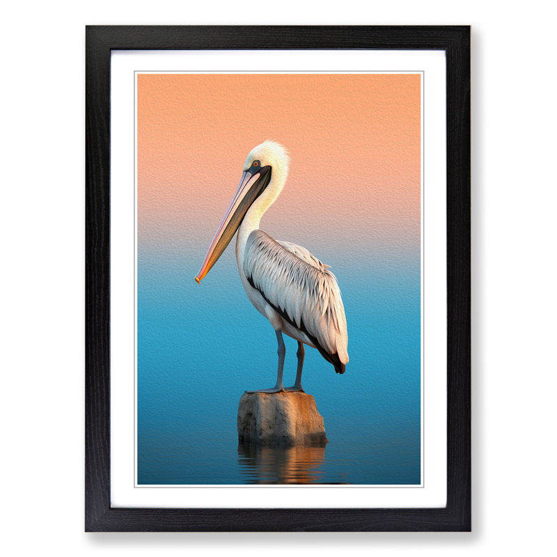 Pelican Minimalism Art - Framed Print, 46cm H x 34cm W x 2cm D, Black Framed