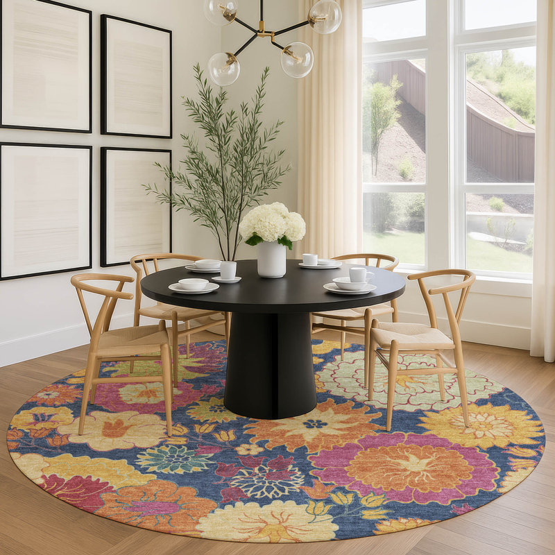 Machine Washable Indoor/Outdoor Matteson ACN2293 Floral Rug, Round 8'