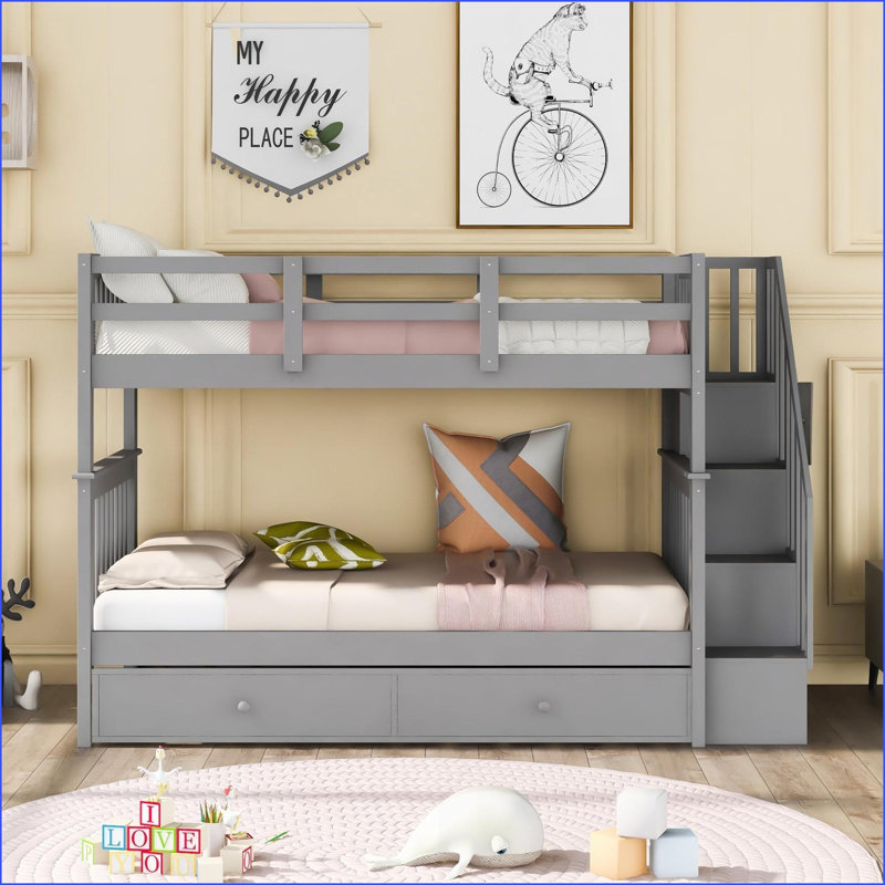 Twin-Over-Twin Pinewood Bunk Bed with Trundle &amp; Stair Storage, No Box Spring Needed, Gray for Bedroom/Dorm, Gray