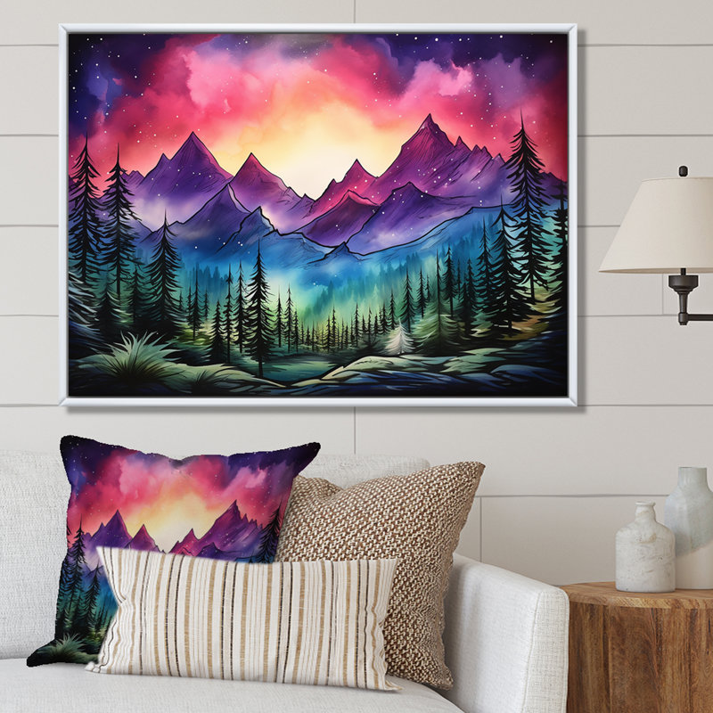 «Mauve Aurora Borealis Mountains II - Winter Mountains», art mural, Cadre flottant brun, H 34 po x l 44 po x P 1,5 po