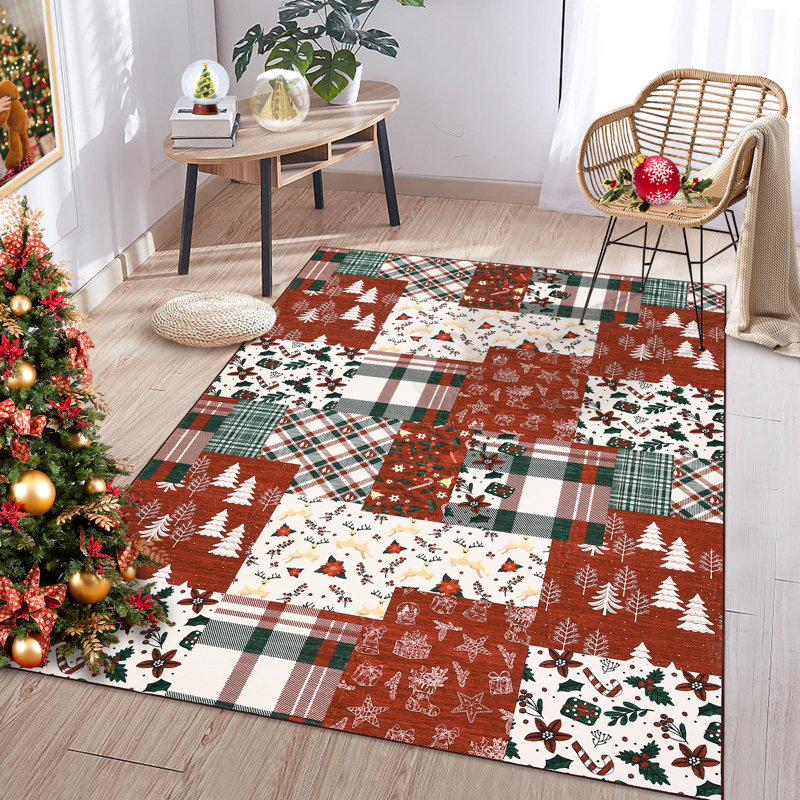 Patchwork Christmas Area Rug, Soft Low-Pile Non-Slip Holiday Rug, 160*230cm