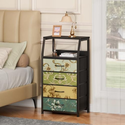 Commode rétro pour chambre à coucher, petite commode pour garde-robe, table de chevet rétro à 4 tiroirs, table de chevet avec rangement en tissu, structure en métal, plateau en bois