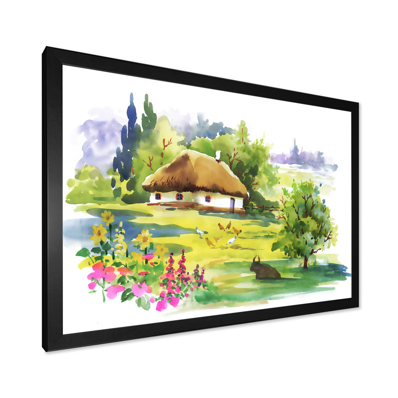 Maison de campagne dans les Groenland en fleurs - Peinture sur toile, H 30 po x l 40 po x 1,5 po, Toile avec cadre noir